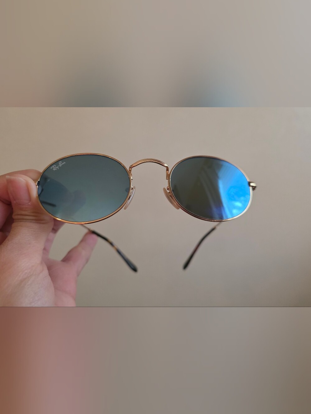 Round Metal Sunglasses in Rose Gold with Green-Blue Lenses